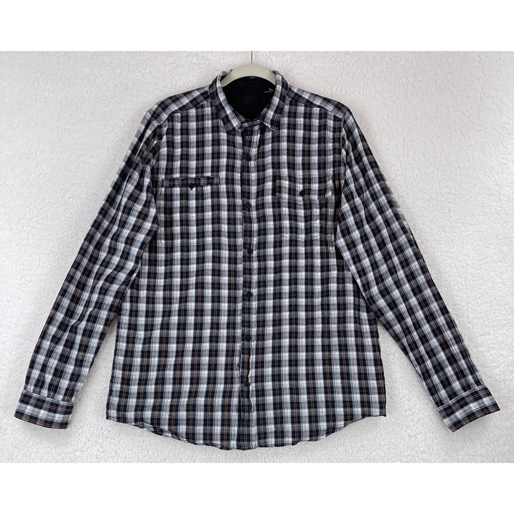Comune Button-Up Shirt Mens Size XL Blue Plaid‎ Long Sleeve 100% Cotton Casual